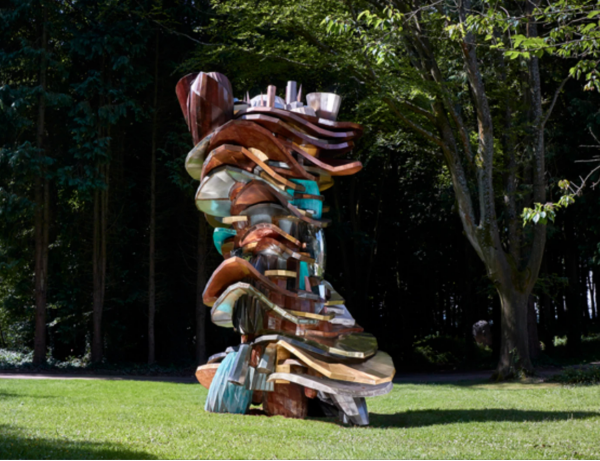 sculpture made by red copper, cast iron and stainless steel, concrete and marble,