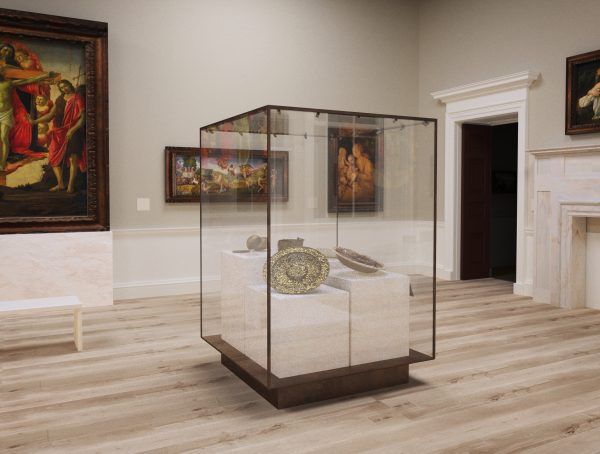 An image of the new Blavatnik Fine rooms, showing a display case including decorative arts and paintings on the rear wall such as the Botticelli Altarpiece