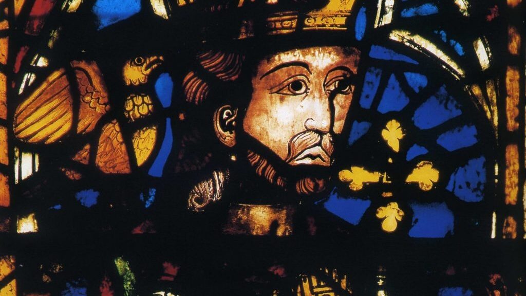 León Cathedral, stained glass window in the westernmost bay of the nave, image of Alfonso X the Learned as Holy Roman Emperor