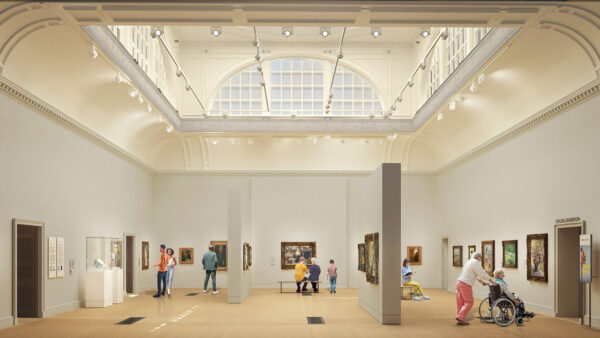 Computer generated image of visitors viewing art works in a large gallery.