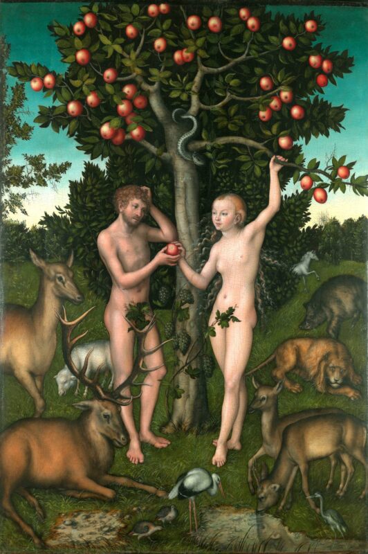 Adam and Eve are depicted at the fateful moment when they disobey God and commit the first sin.