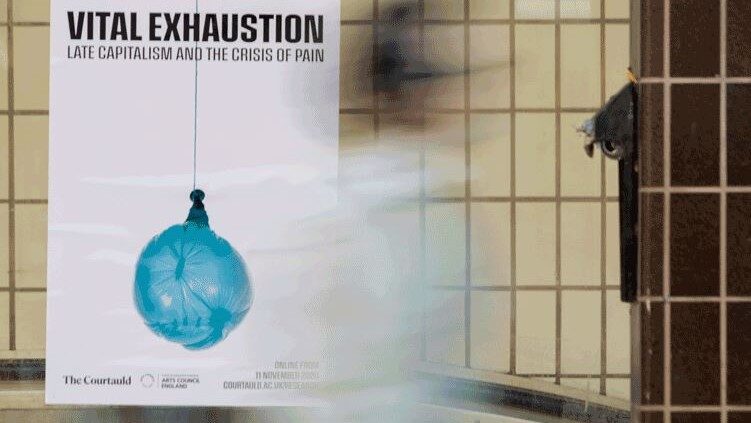 Vital Exhaustion poster with people walking past