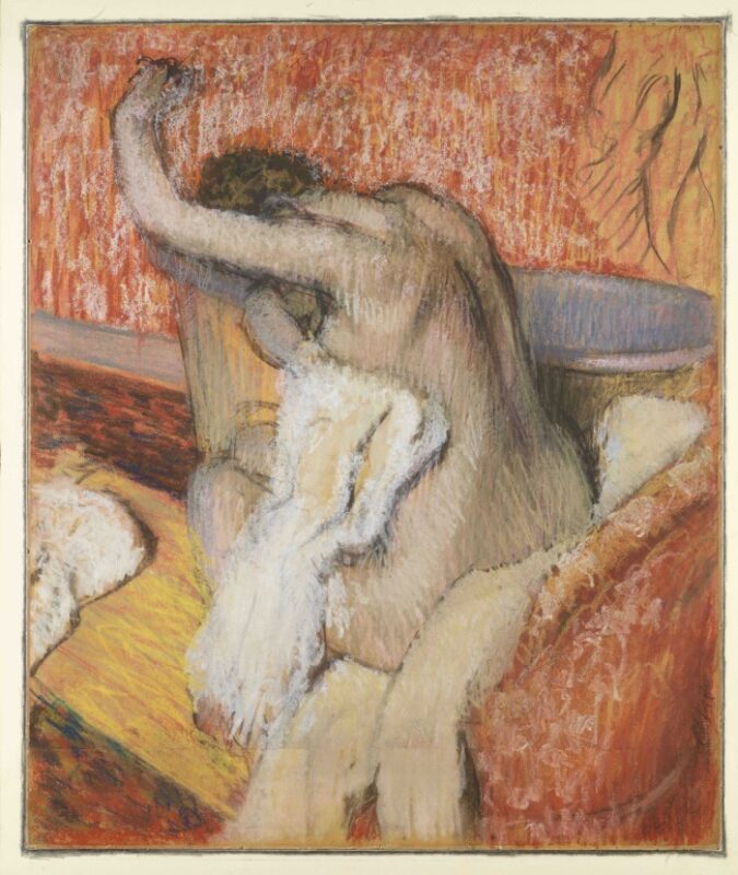 A drawing of a nude woman sitting on a red sofa atop a beige cushion, drying herself with a white towel. Her left arm is raised and her face obscured from the viewer. The background is fully red, and the sketch is an unblended charcoal, creating unusual graphic rhythms.