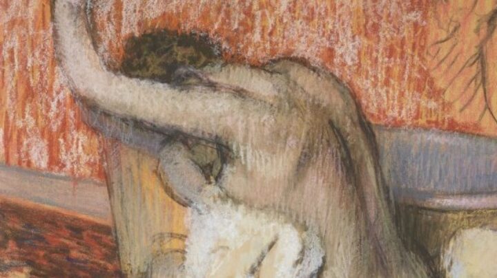 A drawing of a nude woman sitting on a red sofa atop a beige cushion, drying herself with a white towel. Her left arm is raised and her face obscured from the viewer. The background is fully red, and the sketch is an unblended charcoal, creating unusual graphic rhythms.