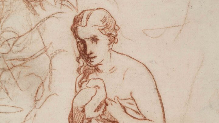 A red chalk sketch of a woman wrapped in a towel, sitting on a stool or otherwise undefined seat. An initial sketch of the scene can be seen in the upper left, loose and undeveloped.