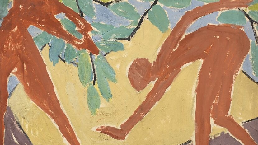 A print design of two red abstract figures in a garden. One figure holds down a branch while the other bends to catch something from beneath it. The background is a vivid ochre yellow with blue sky or background peeking through the foliage.