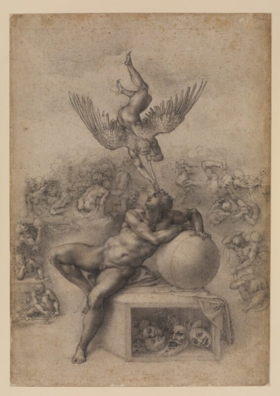 A highly finished drawing showing a winged spirit swooping down, trumpeting a message to a muscular nude youth leaning on a globe. Both are perched on a box containing a pile of masks, and groups of writing bodies blend into the background.