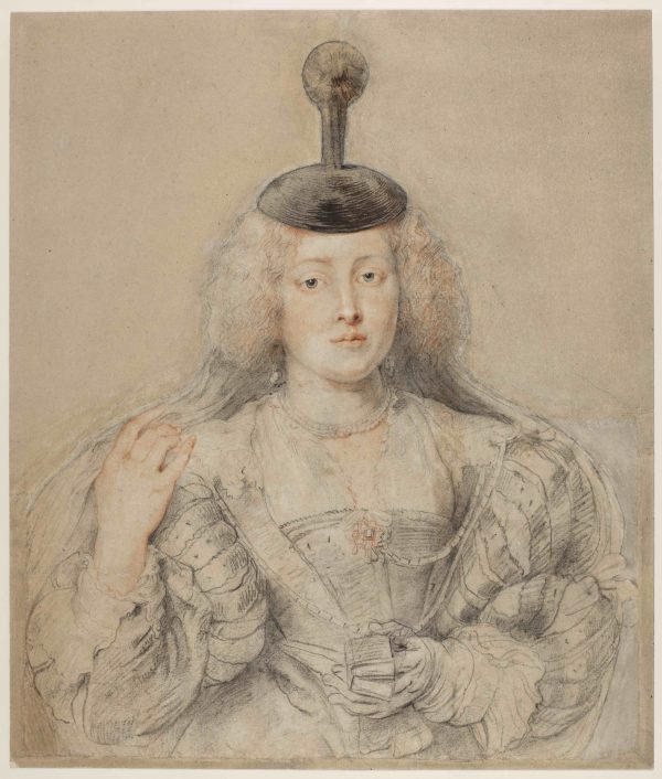 A drawing of a richly dressed woman holding a prayer, also wearing a pompom-topped cap with a veil.