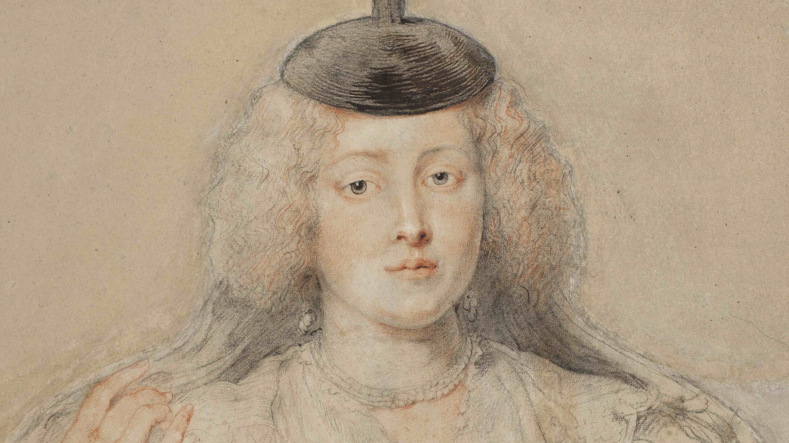 A drawing of a richly dressed woman holding a prayer, also wearing a pompom-topped cap with a veil.