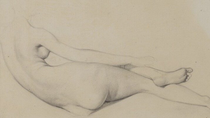 A sketch of a nude female form, with her back to the viewer in a relaxed reclining pose. The sketch stops at her neck and the right hand, leaning on her hips, is not finished.