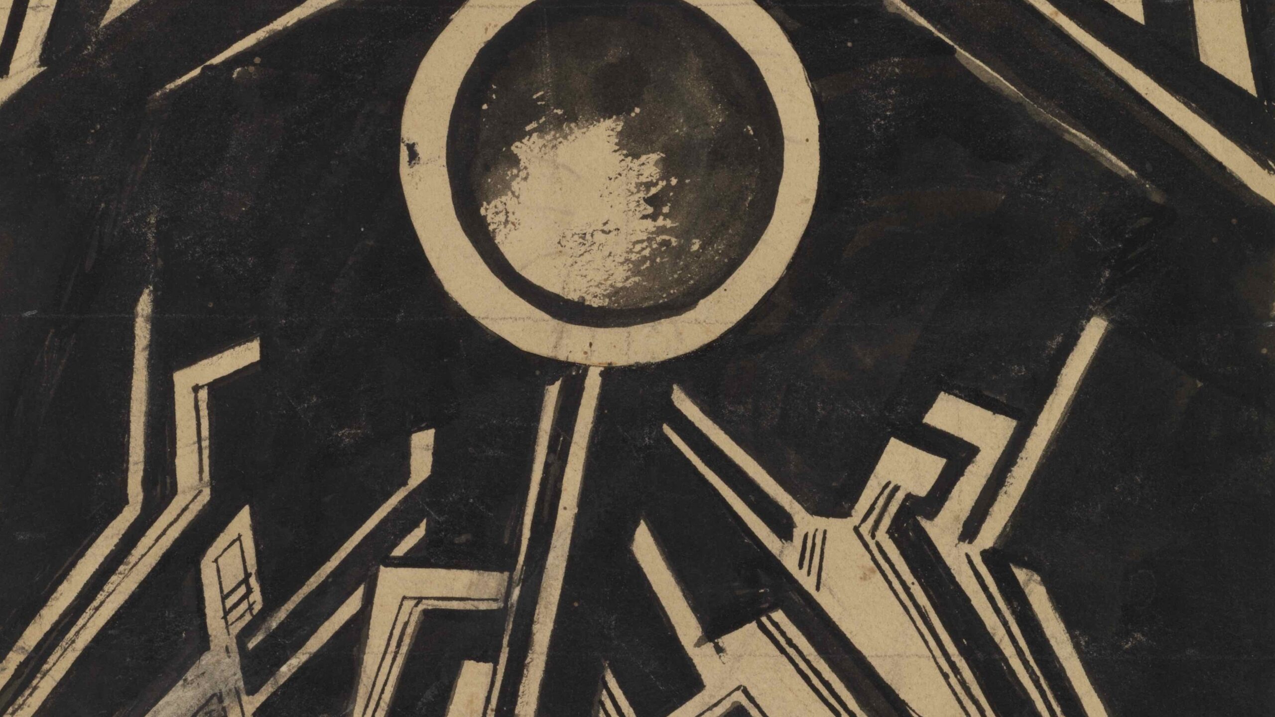 A bold drawing in thick black graphite and ink, on a slightly aged paper. At the bottom, linear forms slightly resemble human forms, and they surround a circular post-like form in the centre of the sheet. On the top half, building-like forms sit atop the black background, with sharp lines of black and white dotting the background.