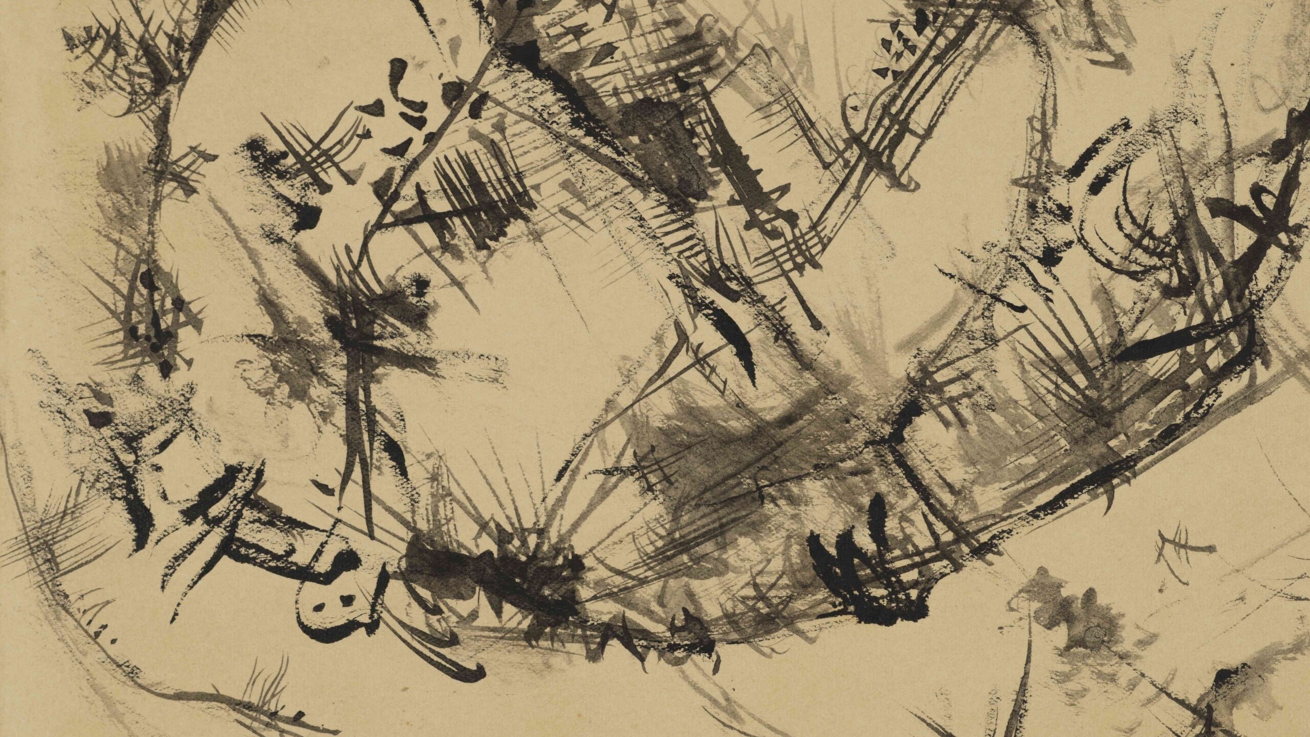A black and brown ink drawing on slightly aged paper. Abstract lines and parallel-like hatchings, which look slightly like either eyelashes or crosshatches, form a spiralling composition from the upper right corner of the sheet downwards. The artist marking 'K', circled, and the number '16'. are visible in the bottom left corner.