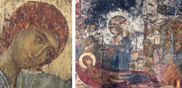 Details of an angel and the Dormition of the Virgin scene in the rock-cut monastery at Vardzia, Georgia (12th-century)