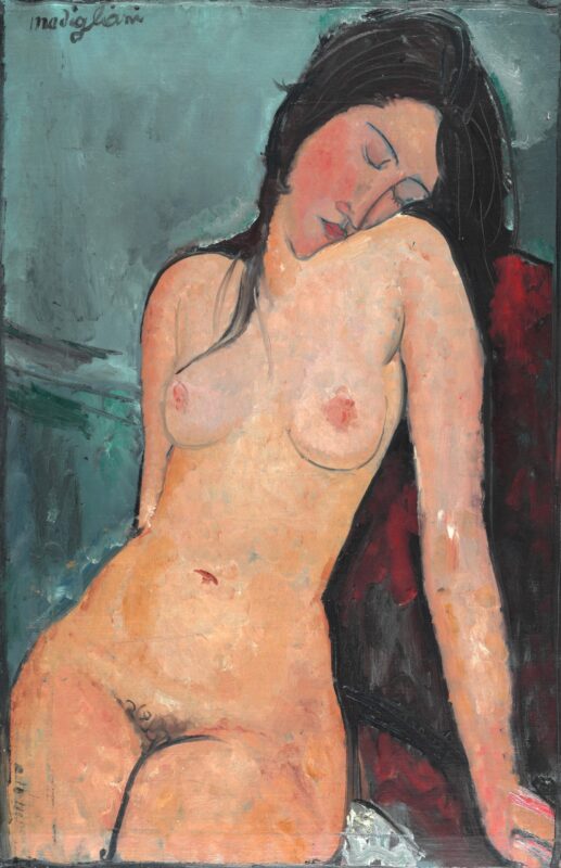 A painting of a sleeping, naked woman sitting in a sensuous pose. She has an elongated face and long dark hair, and her public hair is visible. She leans on a red shape on the right with a blue wall visible behind her.