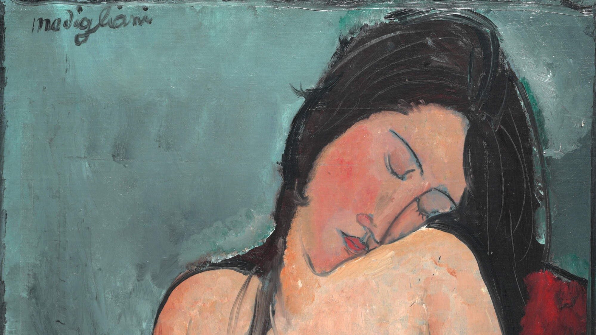 A painting of a sleeping, naked woman sitting in a sensuous pose. She has an elongated face and long dark hair, and her public hair is visible. She leans on a red shape on the right with a blue wall visible behind her.