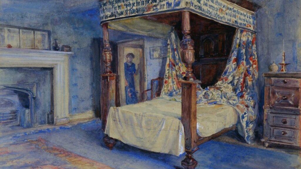 Fig. 6: Mary Annie Sloane, William Morris’s Bedroom at Kelmscott Manor, 1912, watercolour on paper, 23.0 x 28.5 cm, William Morris Gallery, London. Mary Annie Sloane bequest, 1962. © William Morris Gallery, London Borough of Waltham Forest.