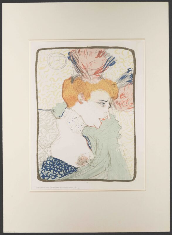 A colourful head and shoulders print of a woman with red hair, laughing away from the viewer in a flamboyant manner. She has a mint green shawl and a blue detailed dress, with a red and pink headpiece. The print is outlined in a black rounded rectangle, and the background is a swirly yellow design.