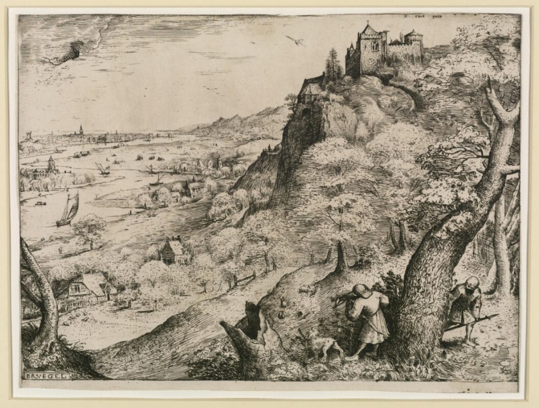A detailed etching print depicting a rabbit hunt in action. On a hill overlooking a river, a hunter takes aim at two rabbits as his dog looks on - another hunter appears to stalk him with a spear. A castle can be seen in the top right of the scene.