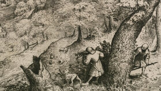 A detailed etching print depicting a rabbit hunt in action. On a hill overlooking a river, a hunter takes aim at two rabbits as his dog looks on - another hunter appears to stalk him with a spear. A castle can be seen in the top right of the scene.