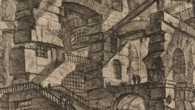 A busy, detailed engraving of gothic archways, creating something of a visual illusion. Staircases surround the archways with small figures seen wandering around.