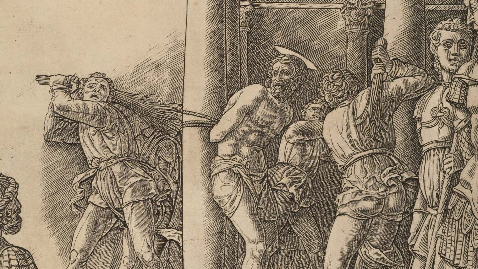 An engraving depicts Christ as vulnerable and afraid in the centre of a tiles room with tall columns visible. Christ is tied to a column with a halo identifying him. Three tormenters whip him, whilst a few others and around watching or sitting. The onlookers wear armour and carry swords, shields or spears.