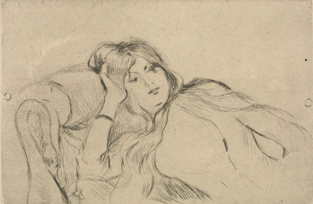 A drawing of a Young Woman with long hair reclining on a chaise lounge, propping up her head with her hand