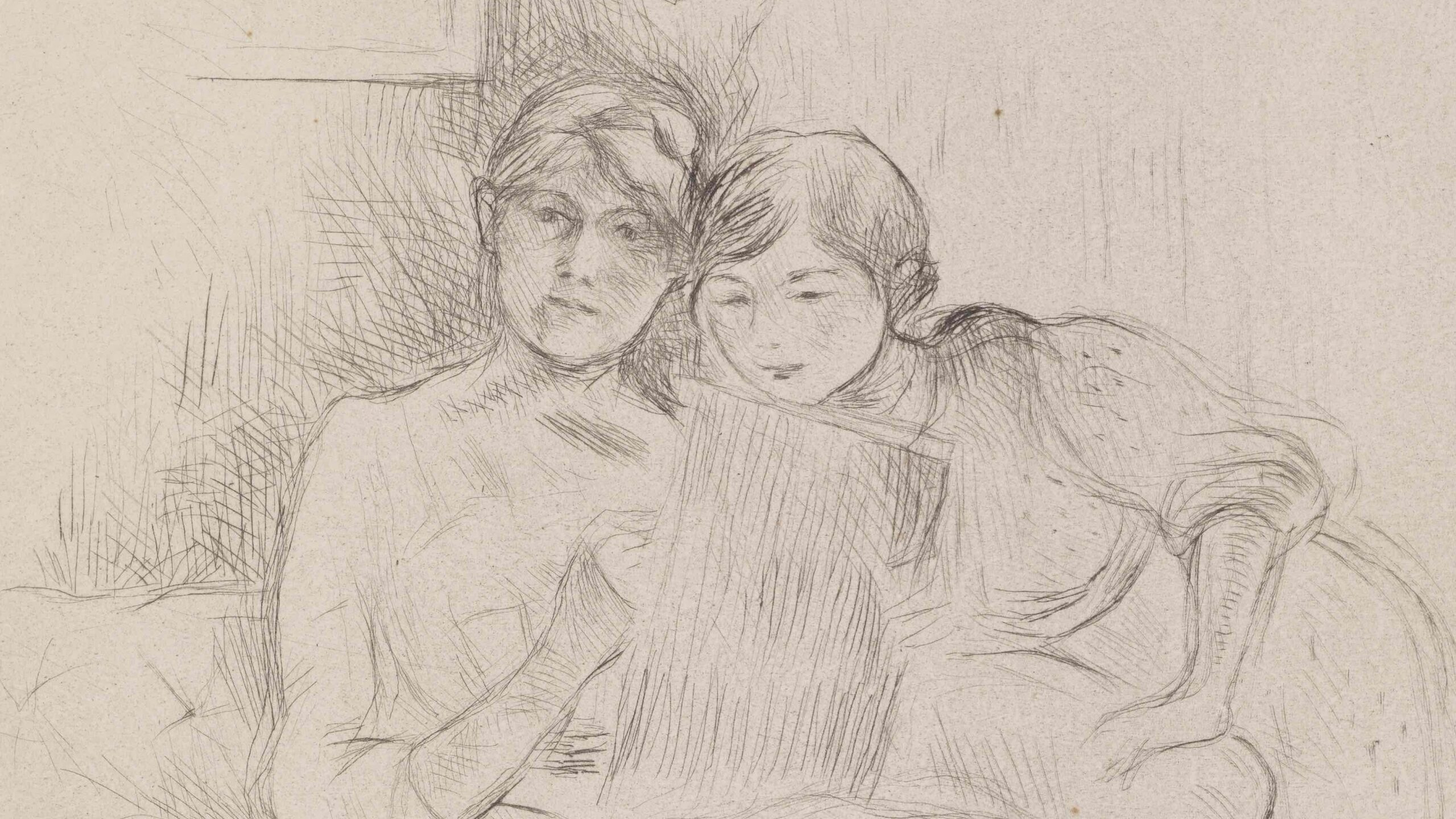 A light-handed etching of Berthe Morisot sitting on a sofa, sketching, whilst her daughter peers at the drawing over the arm of the sofa.