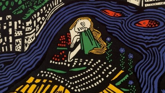 A children's book illustration of a girl who sits asleep on an island, surrounded by creatures - blue birds, white deer, and red fish - in pairs, emphasising her solitude. The print uses vivid colours of blue, green, red and yellow and bold black lines. 'DIE TRÄUMENDEN KNABEN.' is read on the right hand side.