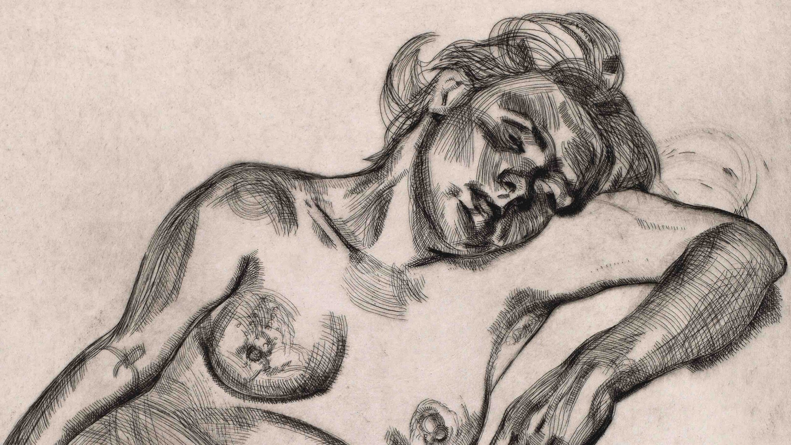 An etching of a woman, nude, depicting the woman's face and body. The setting is blank, although she seems to be sitting and leaning on something, perhaps a sofa or bed, with a vacant, sleepy expression.