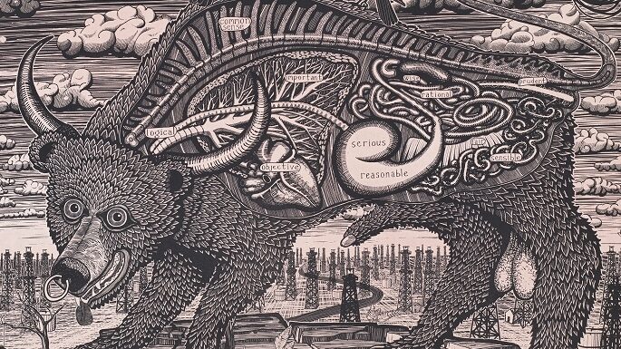 A half-bear, half-bull creature with its insides visible and three crows on its back, stands near a baby on fissured ground. To the left is a man hanging from a tree, with many pylons seen in the distance. Inside the creature are words reading 'serious' and reasonable' in the stomach, 'objective' in the heart, 'common sense' in the spine', 'important' in the lungs, 'prudent' in the anus, 'wise' and 'rational' in the bowel, and 'logical' in the windpipe.