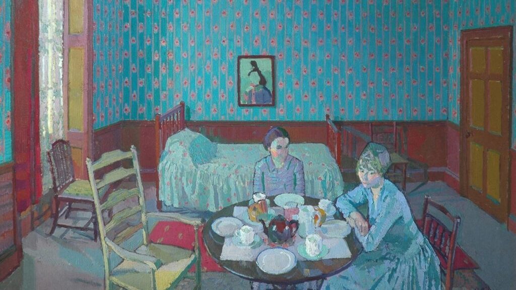 Painting of two women in a room.