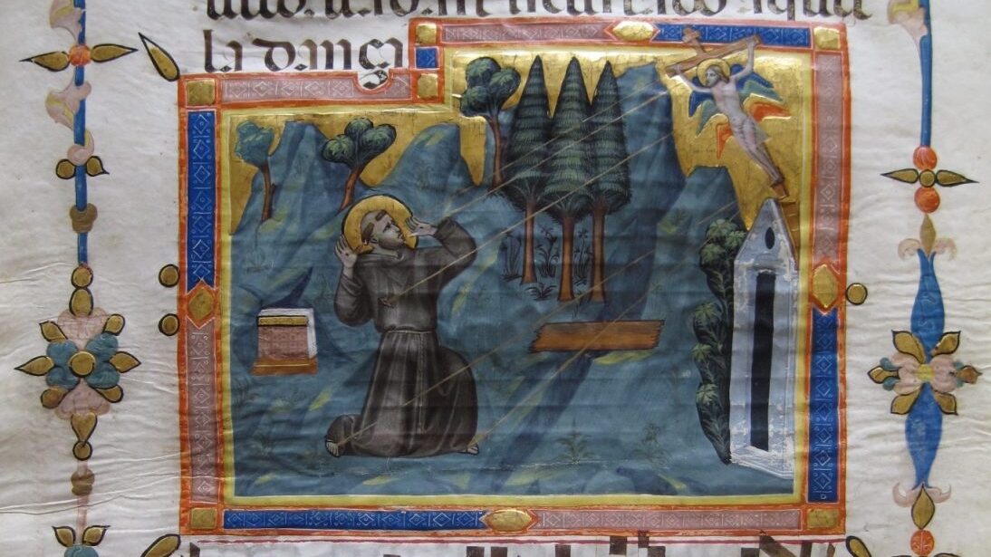 Fig. 8 Attributed to Pacino di Bonaguida (Christoforus?), The Stigmatization of Saint Francis and Initial S: Saint Francis, tempera and gold leaf on parchment, 45 x 32 cm, Musée Antoine Vivenel (inv. B 339), Compiègne.