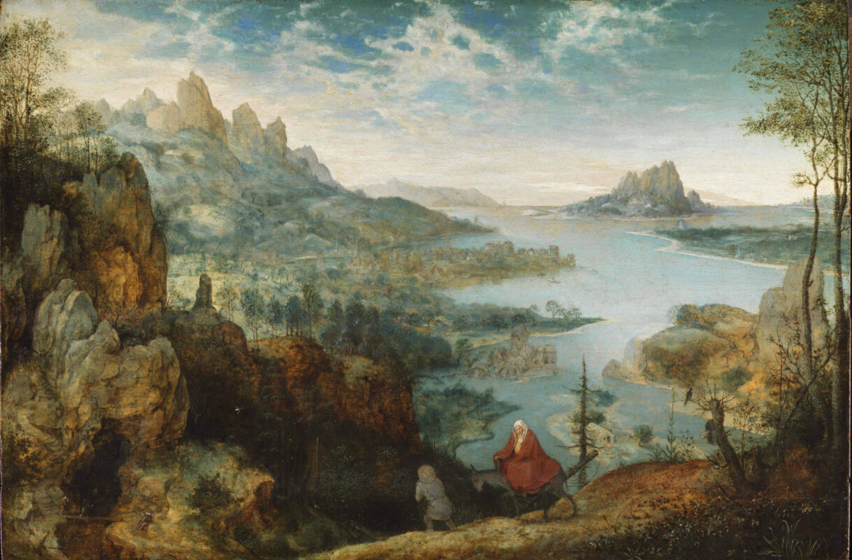 A landscape painting with blue sky, mountain ranges and a large river running through. In the foreground a red-cloaked figure rides a horse across a ridge, assisted by another figure in front.