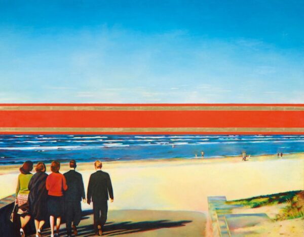 A landscape scene with vivid colours, with a blue sky, red centre strip, blue sea and sand. There are five figures, three women and two men, walking towards the sea in the bottom left corner. They are wearing business clothes.