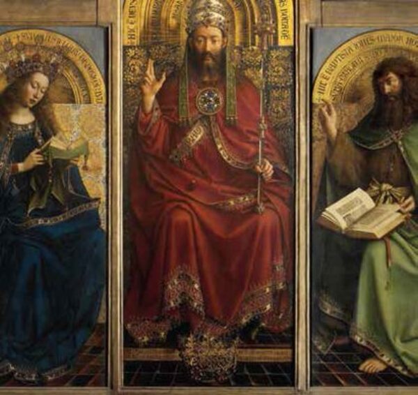 Detail of central lower section of ‘Ghent Alarpiece’, 1432, Jan van Eyck, Saint Bavo Cathedral, Ghent, Belgium