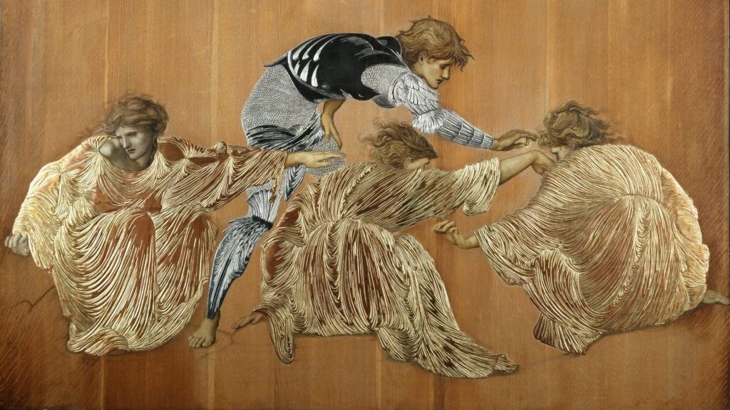 Fig. 3 Edward Burne-Jones, Perseus and the Graiae, 1878, relief in gesso with gilding and silvering on oak panel, private collection, 149 x 167 cm. © National Museum of Wales.