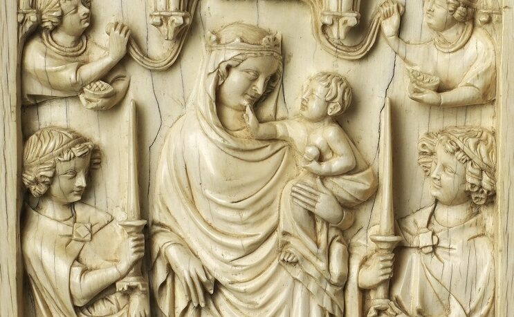This gothic ivory contrasts the tenderness of the Virgin Mary holding the Child with the anguish of the Crucifixion. When the diptych is opened, Mary appears to look directly at her son on the cross