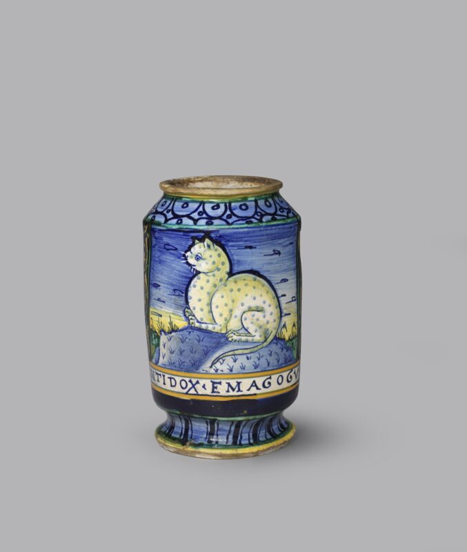 A blue drug jar or albarello decorated with a spotted cat