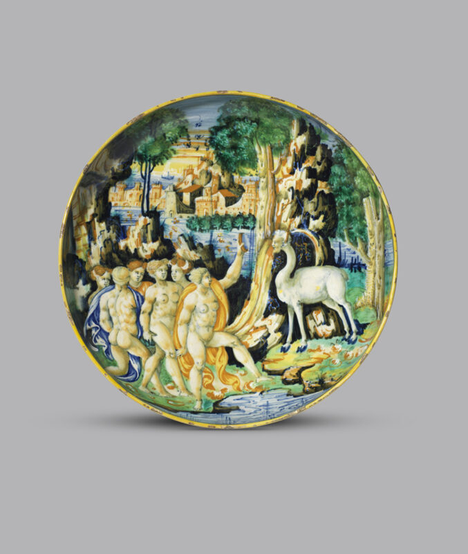 Footed dish with Diana and Actaeon changed into a Stag, Casteldurante, probably workshop of Ludovico and Angelo Picchi, about 1550-60