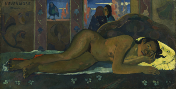 A painting by Paul Gauguin that combines beauty and eroticism with a strong feeling of unease. The young woman is not at rest but anxiously aware of the bird and the strange beings behind her, who may be evil spirits.