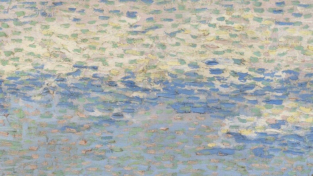 A field of peach trees with houses dotted about; there are mountains in the background.