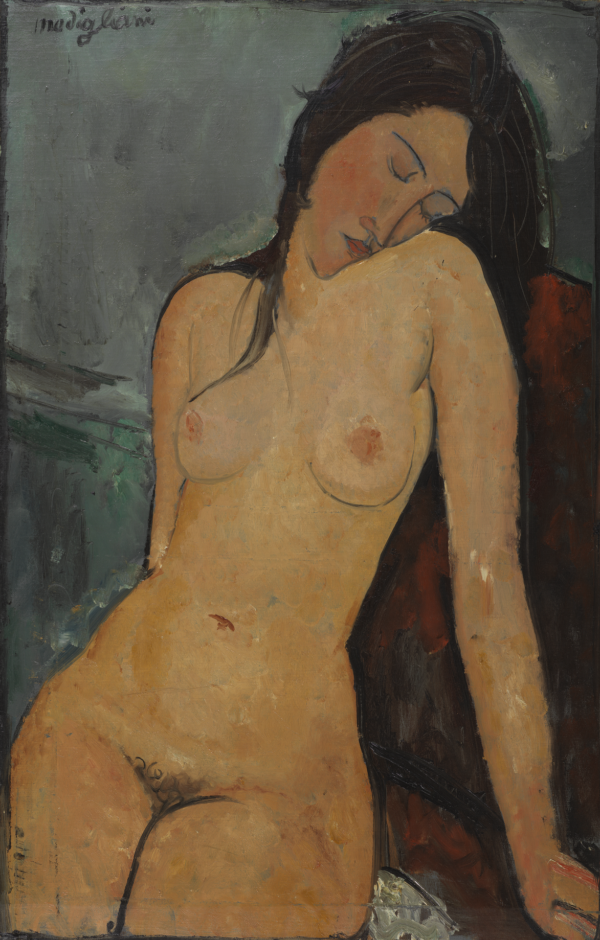 Painted portrait of a nude woman with black hair, sat leaning back on a chair. Her eyes are closed and her head leans on her left shoulder.