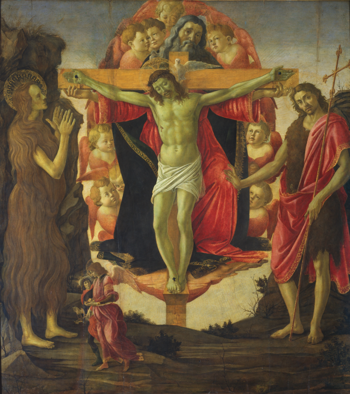 A vision of the Trinity dominates the work. God the Father sits on a throne surrounded by angels and holds the cross bearing his crucified son. The dove of the Holy Spirit hovers above.