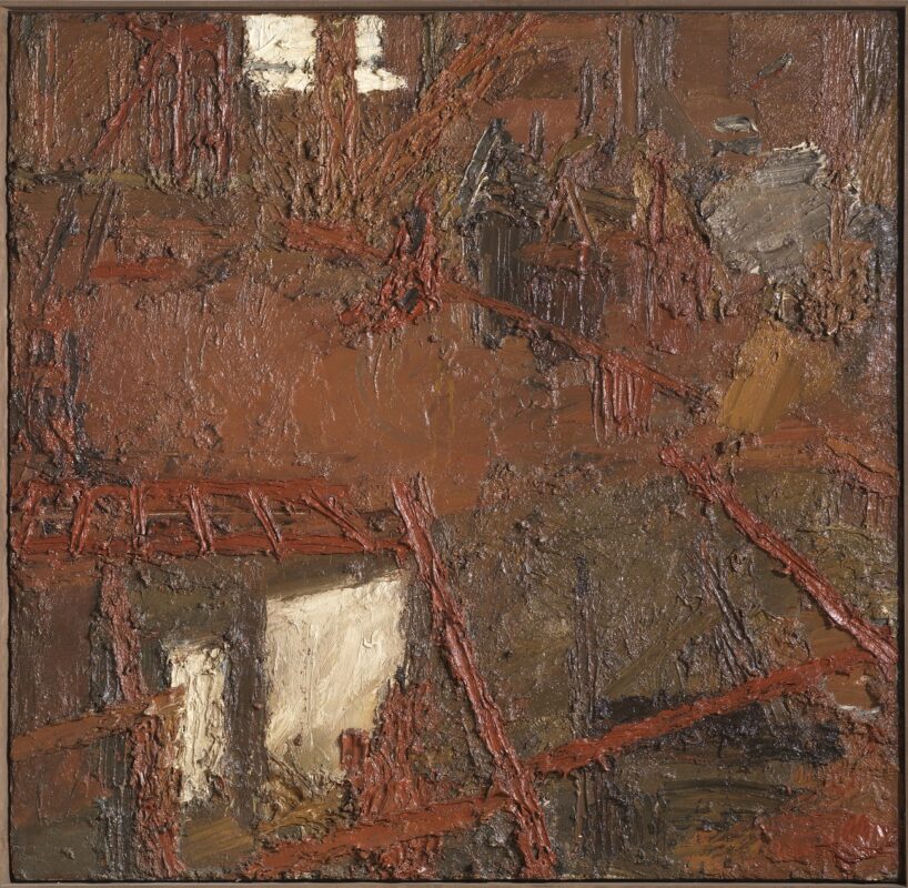 The painting offers a disorienting scene of partially constructed floor levels, jutting beams and extremes of light and dark. Auerbach’s use of red throughout the work gives fiery intensity to the painting, as if we are witness to an intense, almost hellish, vision.