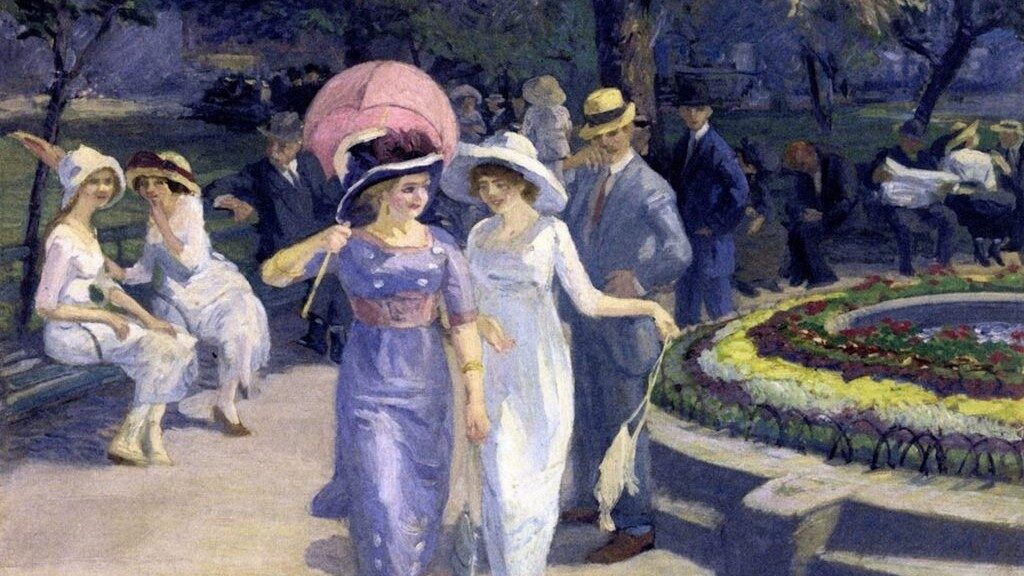 Painting of people socialising in a park in spring