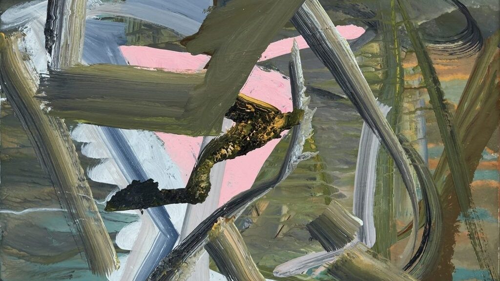 Abstract paintings with browns, greys and pink.