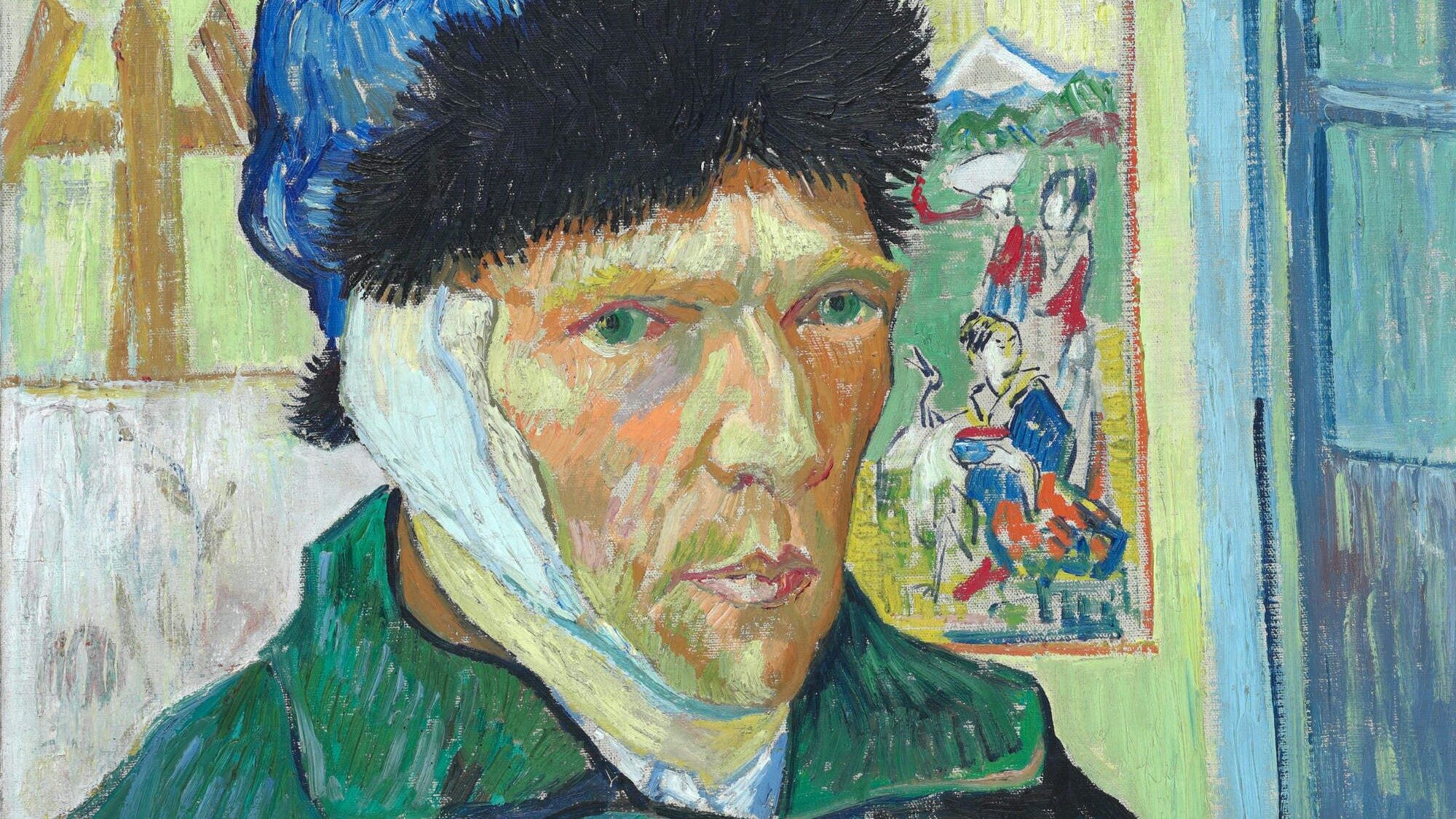 A self-portrait of Van Gogh wearing a green coat, a blue hat with a black trim, and a bandaged left ear. A Japanese print and an easel can be seen behind him.