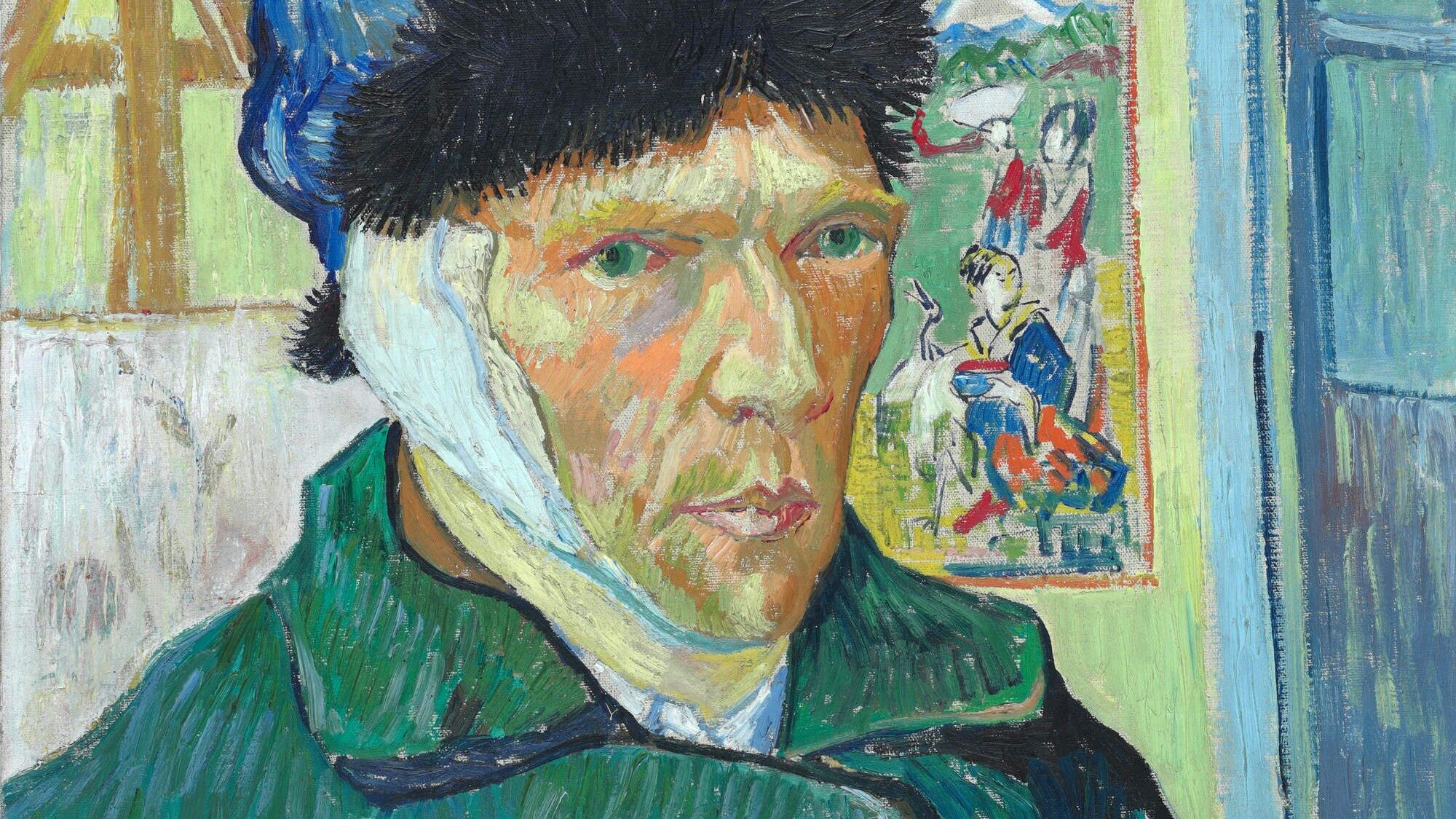 A self-portrait of Van Gogh wearing a green coat, a blue hat with a black trim, and a bandaged left ear. A Japanese print and an easel can be seen behind him.