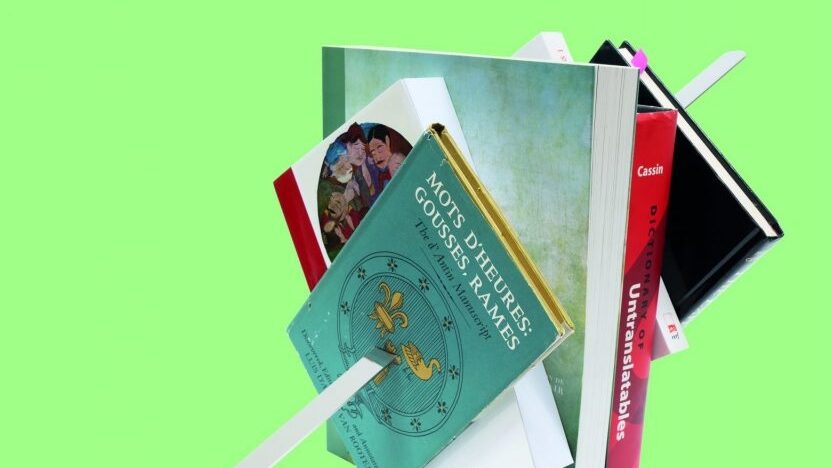 Book cover with books speared on a sword