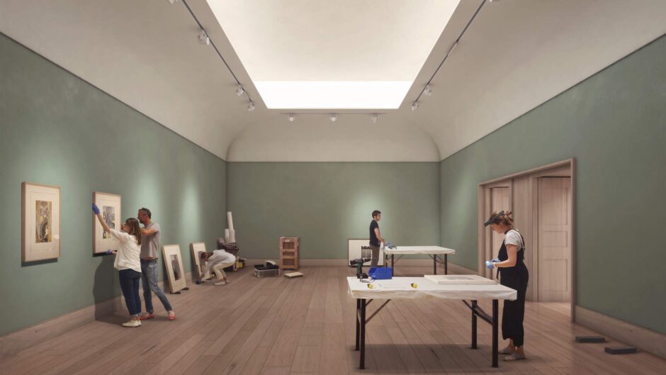 A rendered image of a temporary gallery space at The Courtauld. People hang paintings and a table is laid out on the right for inspecting works.
